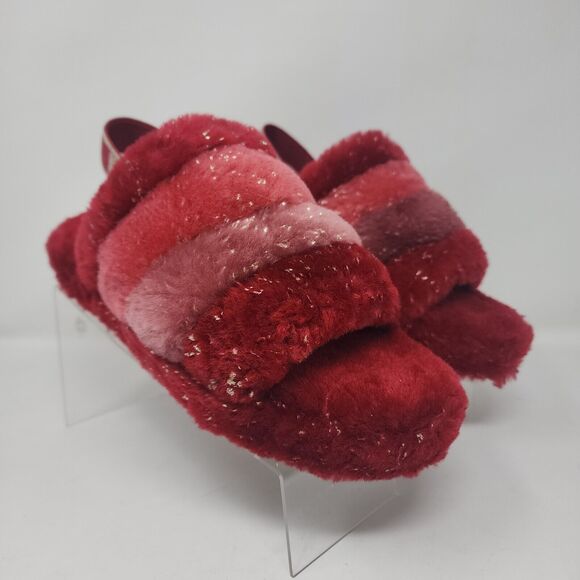 UGG Fluff Sandals Womens 6 Wine Red Yeah Slide Sheepskin Slipper Slingback Ankle - Picture 1 of 8